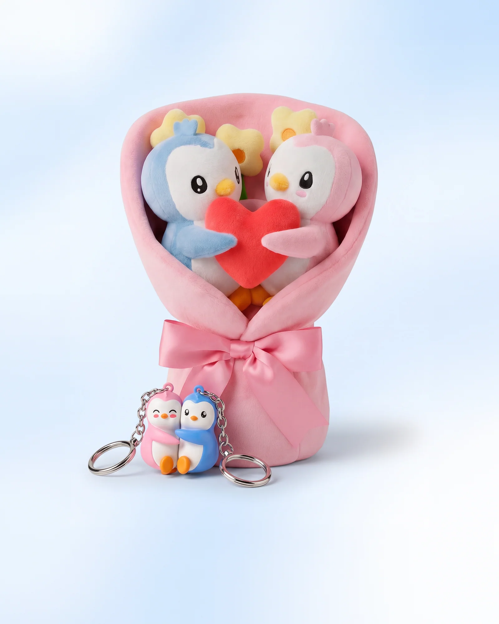 Pudgy Penguins Plush Bouquet and Perfect Pair magnetic keychain set