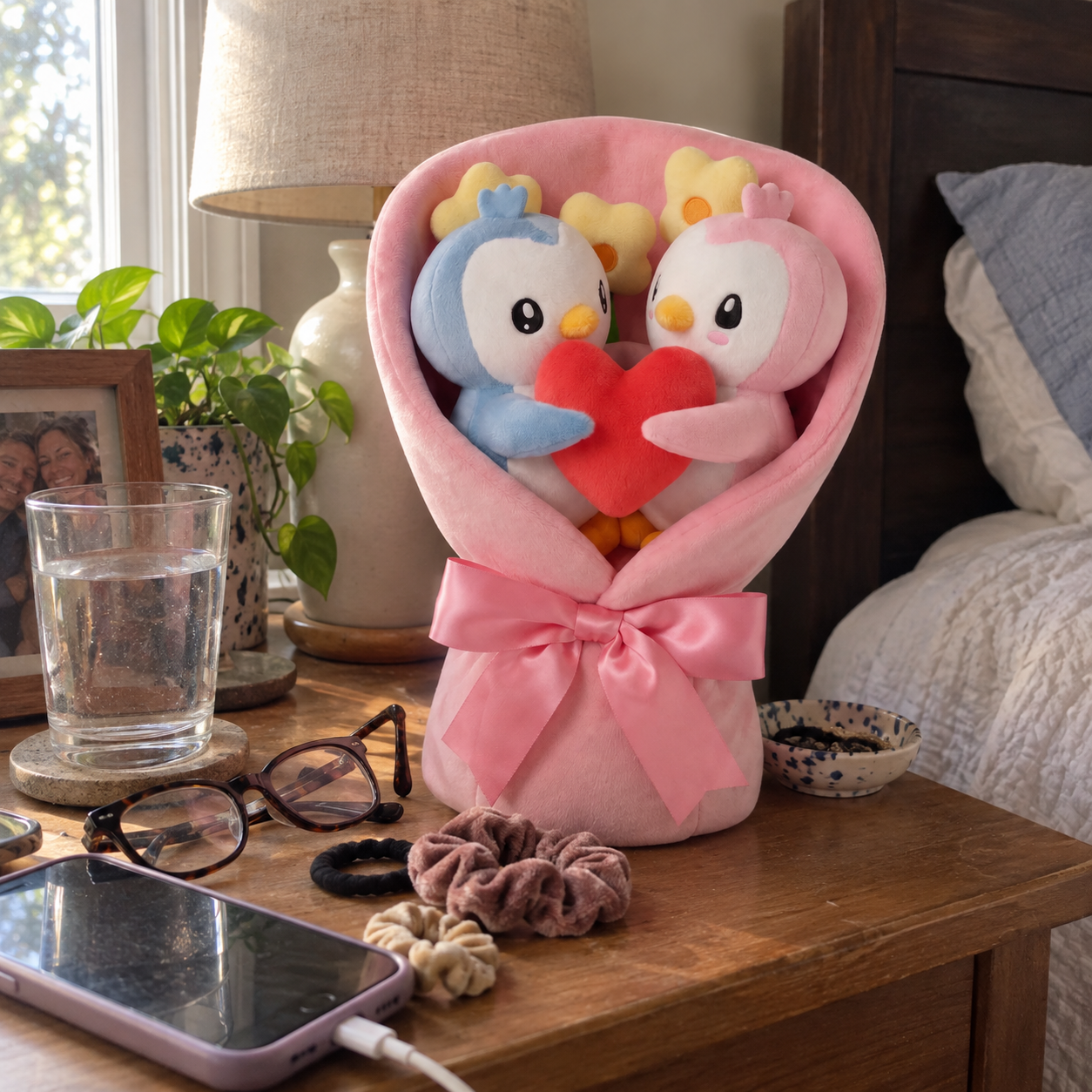 Plush Bouquet among everyday items on a nightstand