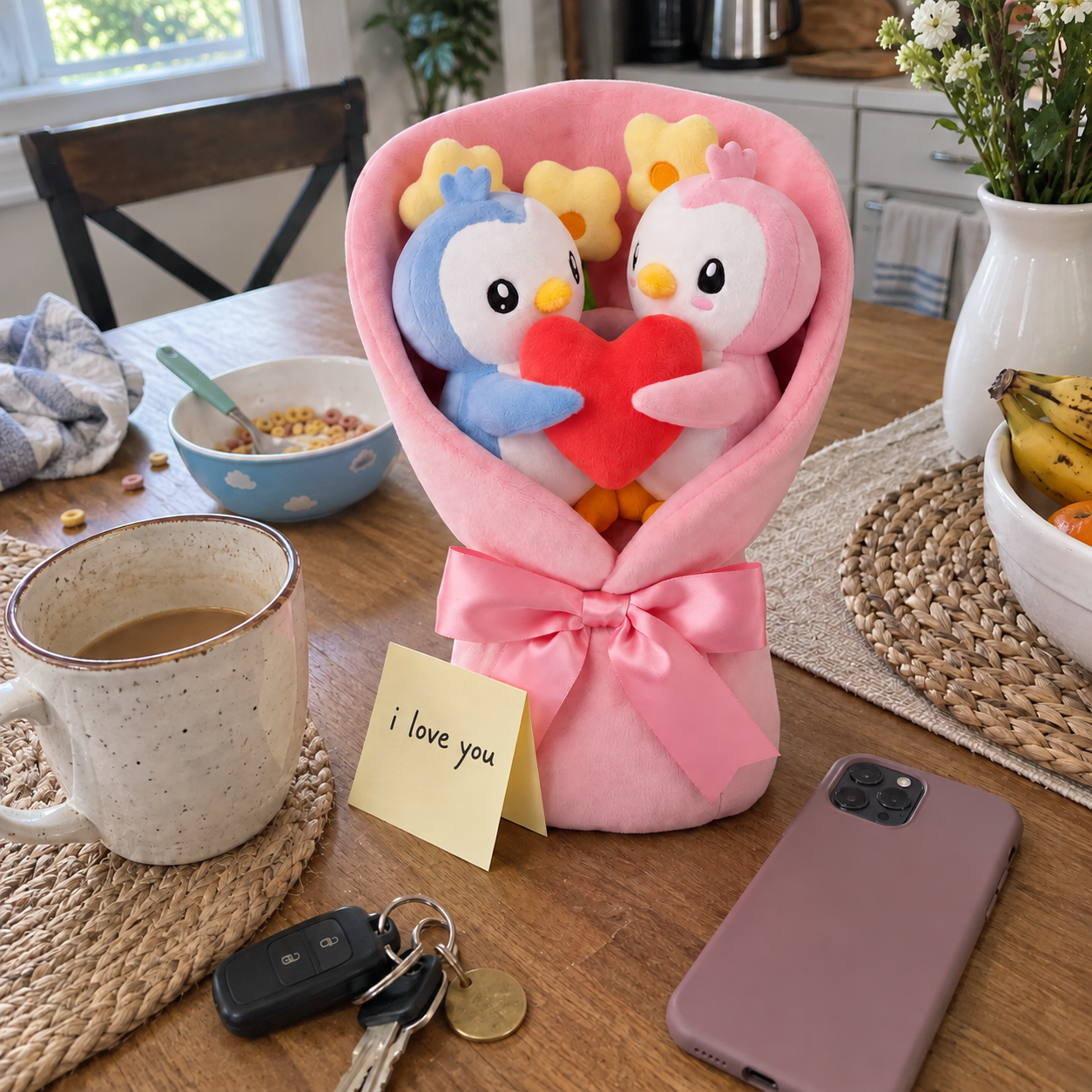 Plush Bouquet at a kitchen table with an i love you note