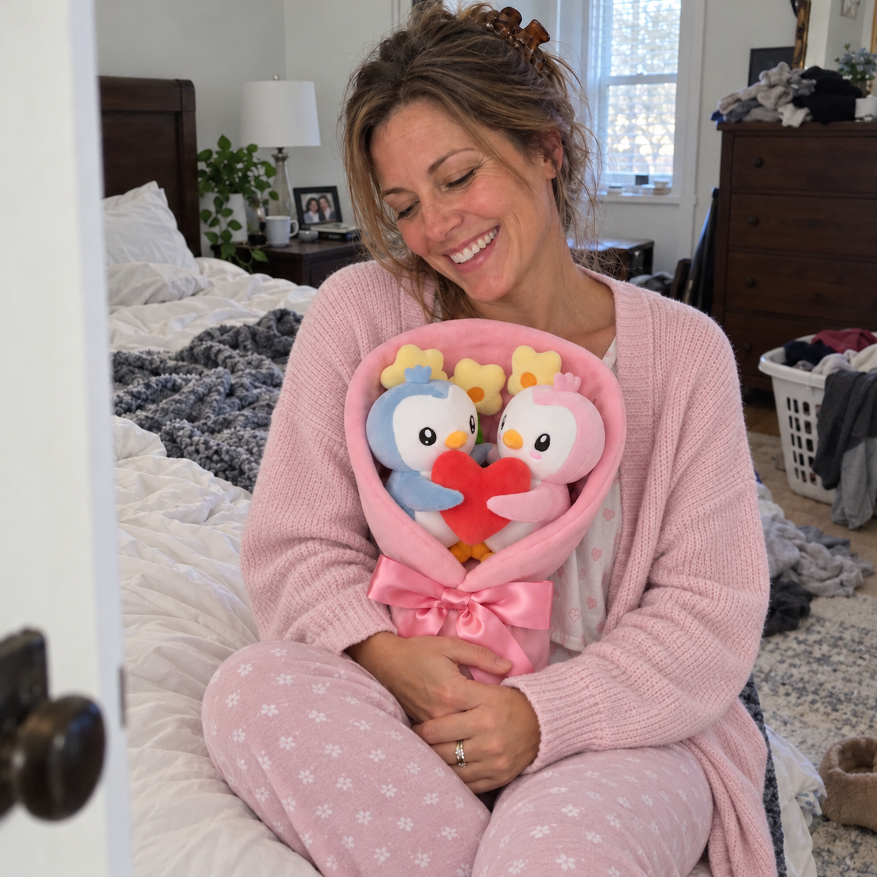 Wife in pink pajamas and cardigan smiling at the Plush Bouquet