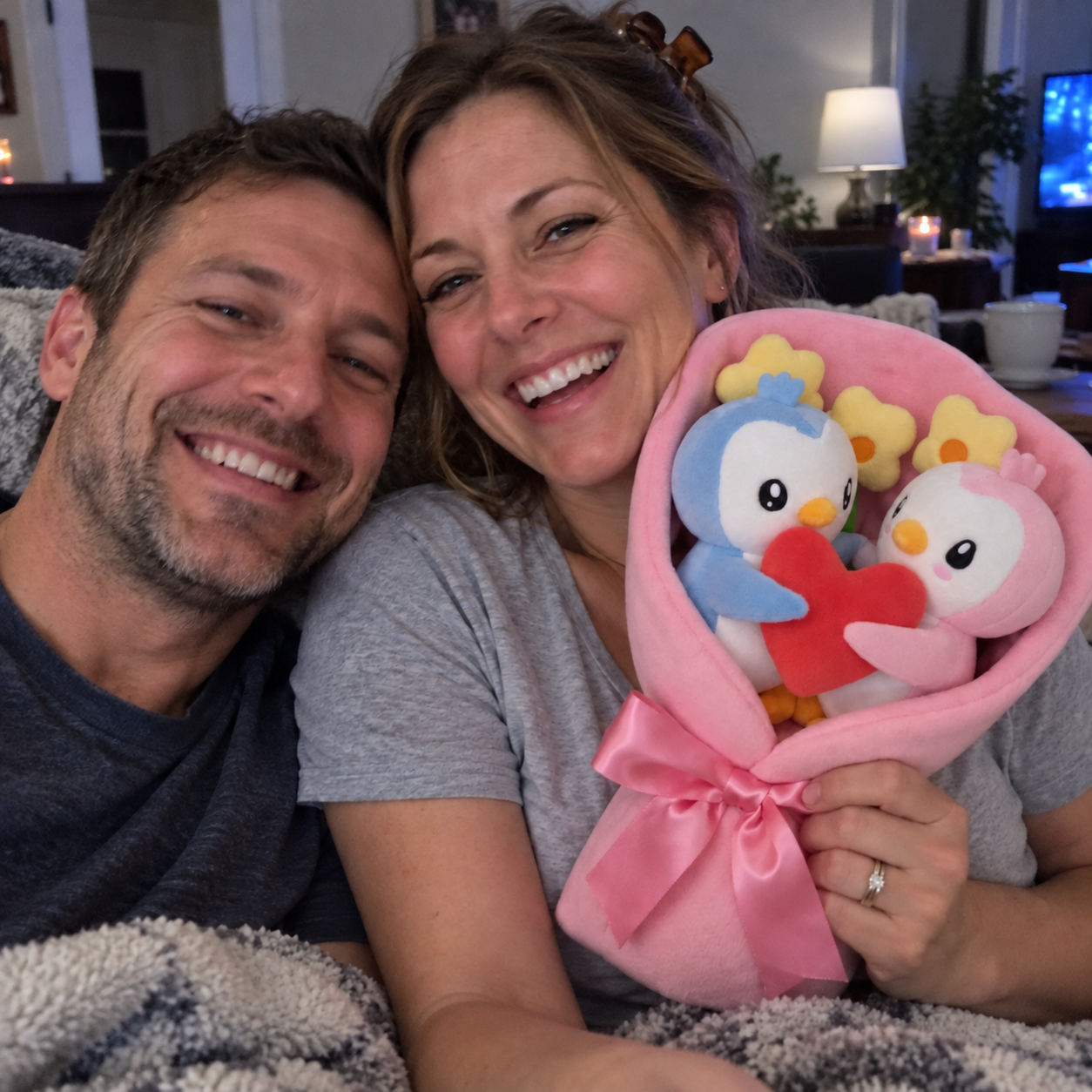 Married couple sharing a couch selfie with the Plush Bouquet