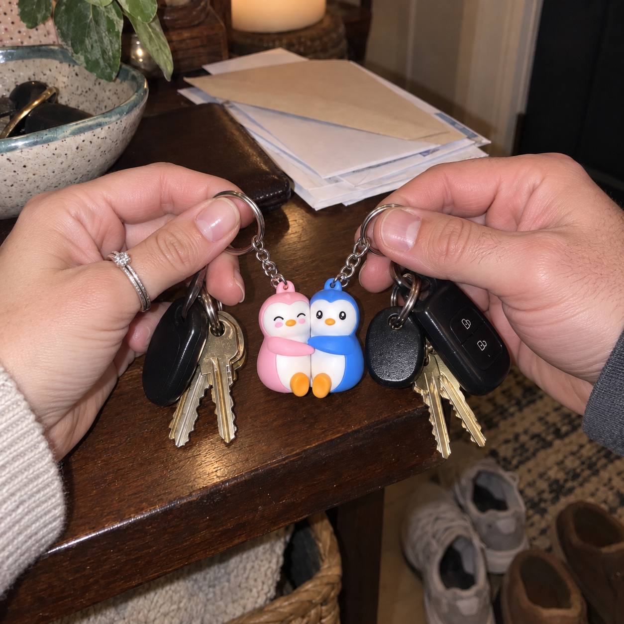 Couple holding their pink and blue penguin keychains together